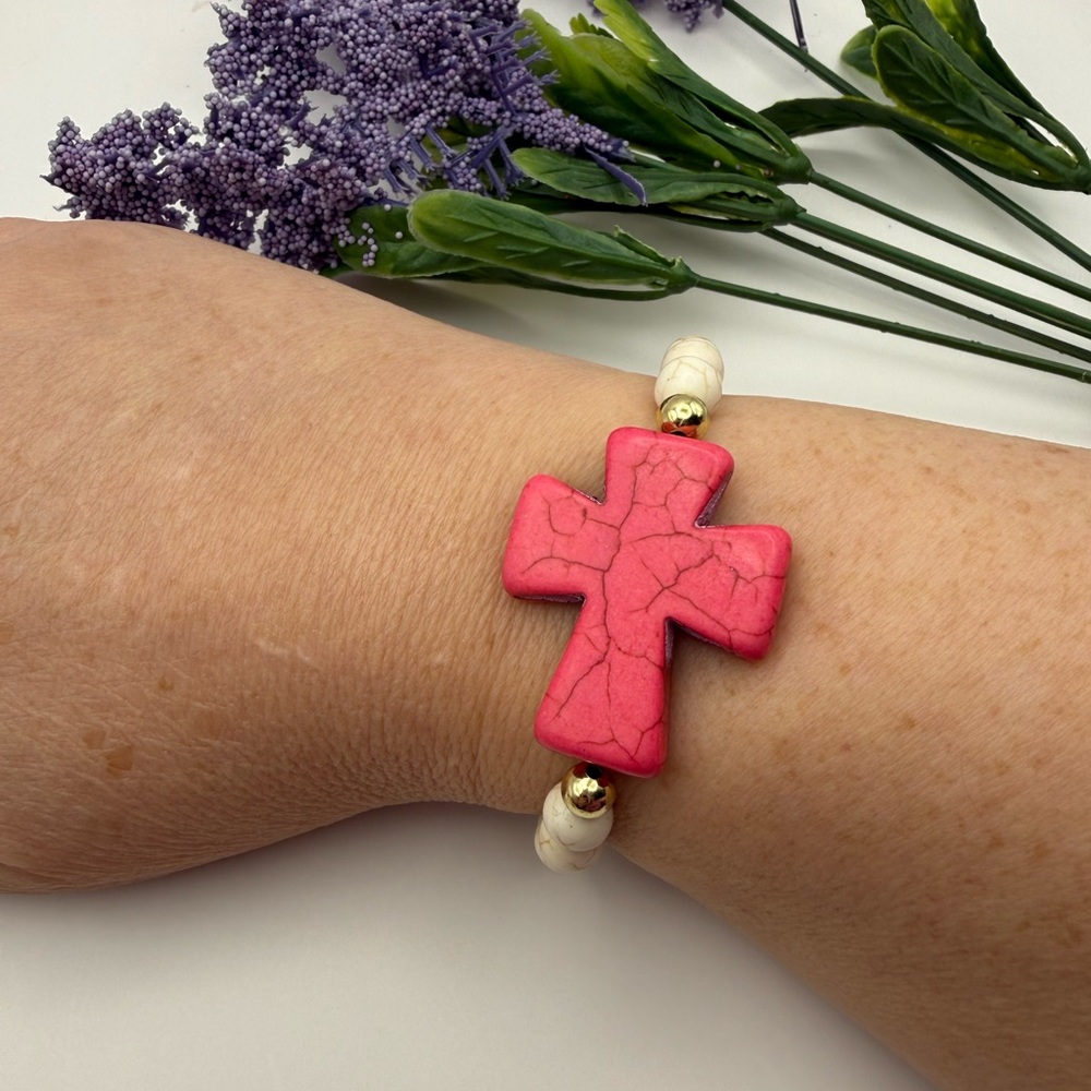 New Artisan Made Pink Cross Stretch Bracelet with Ivory Beads